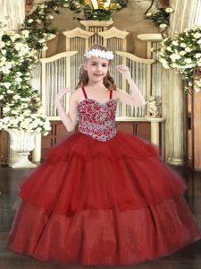 Most Popular Beading and Ruffled Layers Little Girls Pageant Gowns Wine Red Lace Up Sleeveless Floor Length