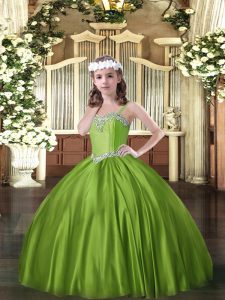 Enchanting Olive Green Ball Gowns Beading Girls Pageant Dresses Lace Up Satin Sleeveless Floor Length