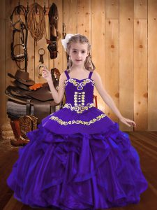 Purple Ball Gowns Straps Sleeveless Organza Floor Length Lace Up Embroidery and Ruffles High School Pageant Dress