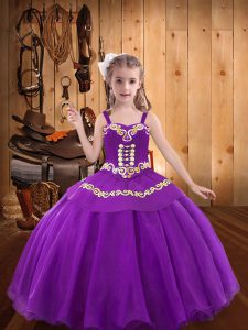 Eggplant Purple Ball Gowns Straps Sleeveless Organza Floor Length Lace Up Ruffles High School Pageant Dress