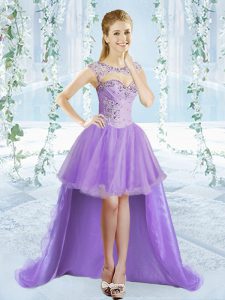 Sexy Organza Scoop Sleeveless Lace Up Beading Prom Evening Gown in Lavender