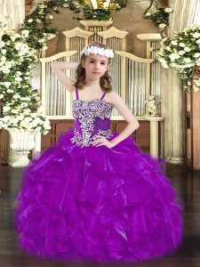 Graceful Beading and Ruffles Child Pageant Dress Purple Lace Up Sleeveless Floor Length