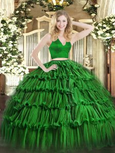 Green Zipper Halter Top Ruffled Layers Quinceanera Dresses Organza Sleeveless