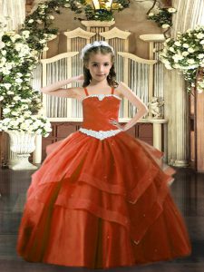 Excellent Rust Red Ball Gowns Appliques and Ruffled Layers Custom Made Pageant Dress Lace Up Tulle Sleeveless Floor Length
