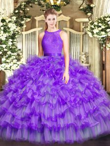 Noble Eggplant Purple Ball Gowns Scoop Sleeveless Organza Floor Length Zipper Ruffled Layers Quinceanera Dress