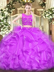 Spectacular Tulle Scoop Sleeveless Zipper Beading and Ruffles 15th Birthday Dress in Lilac