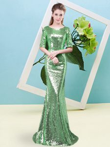Sequins Prom Party Dress Green Zipper Half Sleeves Floor Length