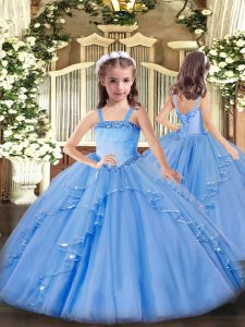 Customized Appliques and Ruffles Little Girl Pageant Gowns Baby Blue Lace Up Sleeveless Floor Length