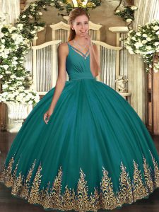 Tulle Sleeveless Floor Length Sweet 16 Quinceanera Dress and Appliques