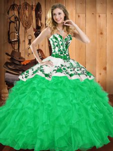 Spectacular Green Sweetheart Neckline Embroidery and Ruffles Quinceanera Gown Sleeveless Lace Up