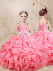 Watermelon Red Lace Up Little Girls Pageant Dress Beading and Ruffles Sleeveless Floor Length