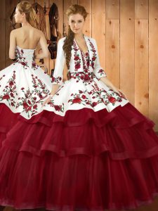 Attractive Organza Sweetheart Sleeveless Sweep Train Lace Up Embroidery 15th Birthday Dress in Wine Red
