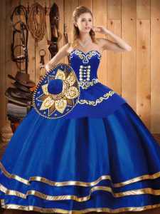 Blue Ball Gowns Embroidery 15 Quinceanera Dress Lace Up Satin and Tulle Sleeveless Floor Length