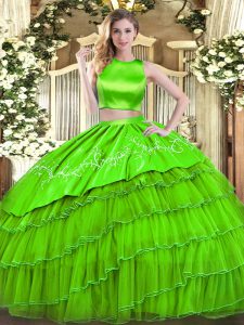 High-neck Sleeveless 15 Quinceanera Dress Floor Length Embroidery and Ruffled Layers Tulle