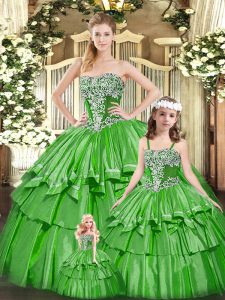 Gorgeous Beading and Ruffled Layers 15 Quinceanera Dress Green Lace Up Sleeveless Floor Length