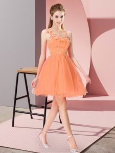 Exceptional Orange Red Empire Asymmetric Sleeveless Organza Mini Length Zipper Beading and Hand Made Flower Prom Evening Gown