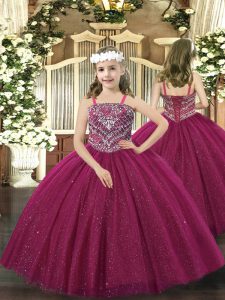 Sleeveless Tulle Floor Length Lace Up Child Pageant Dress in Fuchsia with Beading