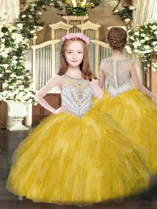Sleeveless Tulle Floor Length Zipper Pageant Dress for Teens in Gold with Beading and Ruffles