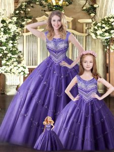 Elegant Eggplant Purple Scoop Neckline Beading Quince Ball Gowns Sleeveless Lace Up