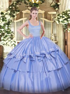 Colorful Blue Sleeveless Beading and Ruffled Layers Floor Length Ball Gown Prom Dress