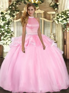 Pink Ball Gowns Halter Top Sleeveless Tulle Floor Length Backless Beading and Ruffles Quinceanera Dresses