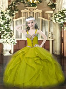Floor Length Ball Gowns Sleeveless Olive Green Kids Formal Wear Lace Up
