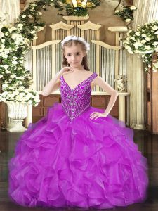 Latest Purple Ball Gowns Organza V-neck Sleeveless Beading and Ruffles Floor Length Lace Up Custom Made Pageant Dress