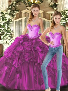 Sumptuous Sleeveless Floor Length Ruffles Lace Up Quince Ball Gowns with Fuchsia