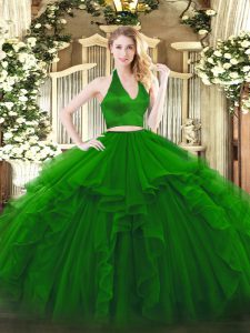 Floor Length Zipper Sweet 16 Quinceanera Dress Green for Military Ball and Sweet 16 and Quinceanera with Ruffles