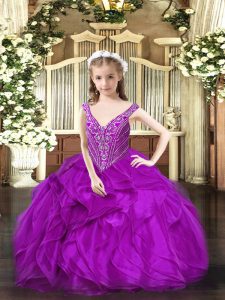 Purple Sleeveless Beading and Ruffles Floor Length Little Girls Pageant Dress Wholesale
