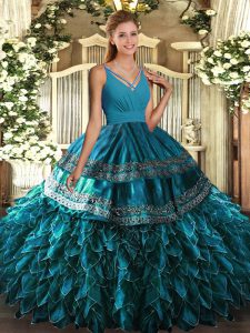 Floor Length Side Zipper Quince Ball Gowns Blue for Sweet 16 and Quinceanera with Beading and Appliques and Ruffles