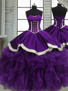 Amazing Ball Gowns Vestidos de Quinceanera Purple Sweetheart Satin and Organza Sleeveless Floor Length Lace Up