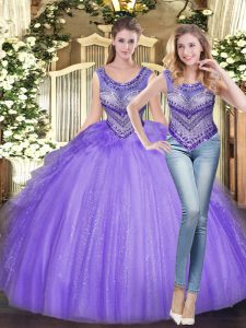 Lavender Scoop Lace Up Beading and Ruffles Quinceanera Gowns Sleeveless