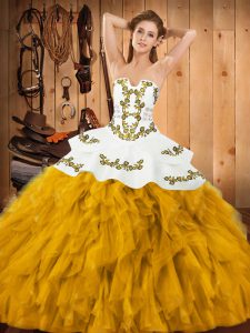 Gold Sweet 16 Dresses Military Ball and Sweet 16 and Quinceanera with Embroidery and Ruffles Strapless Sleeveless Lace Up