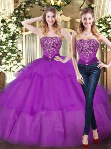 Custom Fit Eggplant Purple Sleeveless Tulle Lace Up Quinceanera Gowns for Military Ball and Sweet 16 and Quinceanera