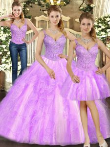 Lilac Three Pieces Organza Straps Sleeveless Beading and Ruffles Floor Length Lace Up Quinceanera Gown