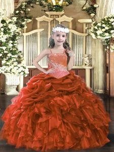 Rust Red Lace Up Straps Appliques and Ruffles Custom Made Pageant Dress Organza Sleeveless