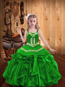 Organza Straps Sleeveless Lace Up Embroidery and Ruffles High School Pageant Dress in Green