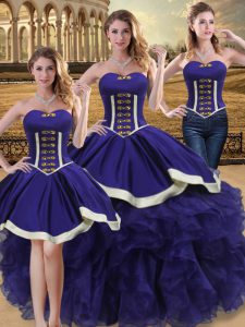 Sexy Sleeveless Floor Length Beading and Ruffles Lace Up Quinceanera Gowns with Purple