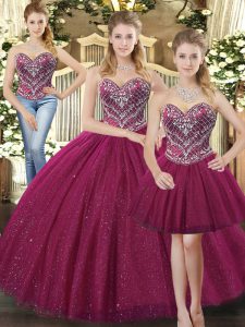 Luxurious Fuchsia Three Pieces Tulle Sweetheart Sleeveless Beading Floor Length Lace Up 15 Quinceanera Dress