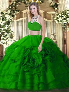 Fitting Beading and Ruffled Layers Vestidos de Quinceanera Green Backless Sleeveless Floor Length
