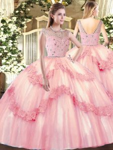 Modern Beading and Appliques Quinceanera Dress Baby Pink Zipper Sleeveless Floor Length
