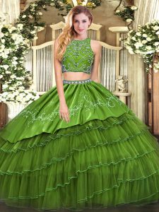 Beautiful Olive Green Tulle Zipper High-neck Sleeveless Floor Length Ball Gown Prom Dress Beading and Embroidery and Ruffled Layers