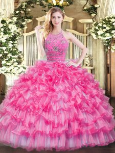 Exceptional Beading and Ruffled Layers Quince Ball Gowns Hot Pink Zipper Sleeveless Floor Length