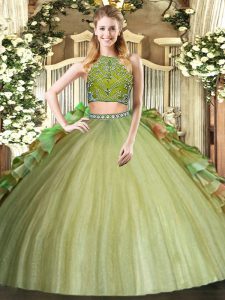 Olive Green Tulle Zipper High-neck Sleeveless Floor Length Ball Gown Prom Dress Beading and Ruffles