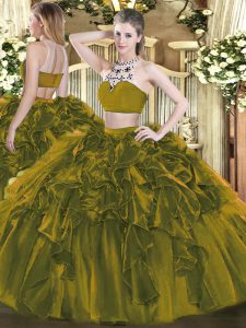 Most Popular Olive Green High-neck Neckline Beading and Ruffles Sweet 16 Dress Sleeveless Backless