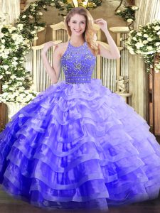 Glamorous Sleeveless Floor Length Beading and Ruffled Layers Zipper Quinceanera Gowns with Lavender