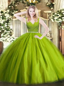 New Style Olive Green Tulle Zipper Sweet 16 Dress Sleeveless Floor Length Beading