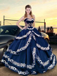 Sweetheart Half Sleeves Lace Up Sweet 16 Quinceanera Dress Navy Blue Satin