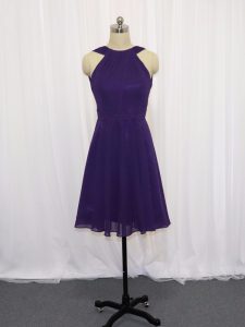 Glittering Purple Backless Prom Evening Gown Ruching Sleeveless Knee Length
